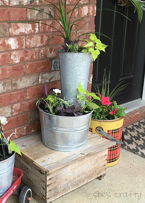 She's crafty Spring Porch galvanized bucket and repurposed vintage